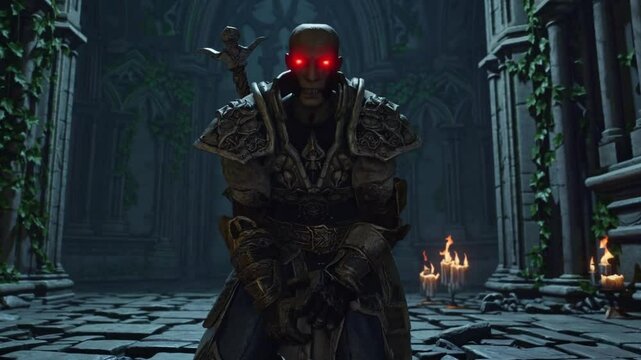 Guerrier en armure &agrave; genoux dans une cath&eacute;drale en ruines, tenant une &eacute;p&eacute;e

