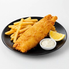 Delicious crispy fish and chips served with tartar sauce and lemon wedge on a black plate, perfect for seafood lovers. A classic British comfort food meal presented in high-quality detail.
