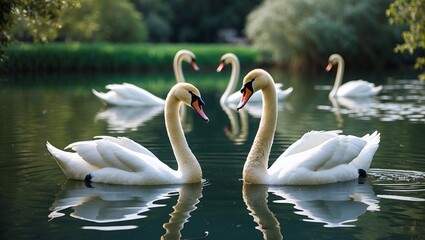 Obraz premium Graceful swans gliding in a tranquil pond