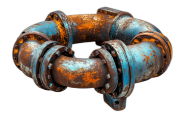 Rusty old pipe with heavy rust accumulation isolated on transparent background.