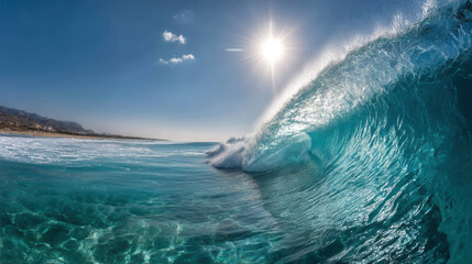 Fototapeta premium Majestic ocean wave crashing under bright sun at a serene coastline during midday