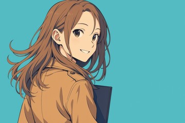 笑顔の若い女性のアニメキャラクター、水色の背景