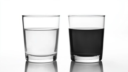 Contrast of Clarity and Darkness in Two Glasses with Clear and Dark Liquids on Reflective Surface