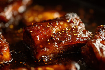 Close-up of sizzling meat in a pan.