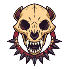 A detailed close-up shot of a hyena skull, showcasing a broken jaw, adorned with a primitive bone necklace.  Focus on texture and detail.