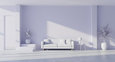 Fototapeta premium Minimalist Living Room Interior with Sofa and Plants in Soft Light