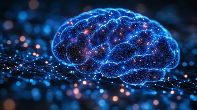 Cybernetic brain with holographic data projections, artificial intelligence network nodes, tech blue background