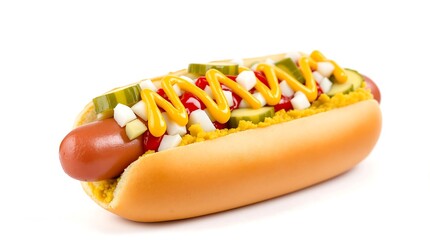 Delicious gourmet hot dog with condiments on a bun isolated on a white background