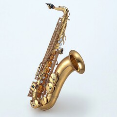 golden alto saxophone with intricate detailed keys and mouthpiece standing upright on white background, shiny and polished brass surface