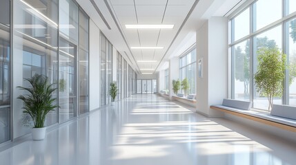 Bright hallway with glass walls and potted plants. Sunlight streams through large windows.