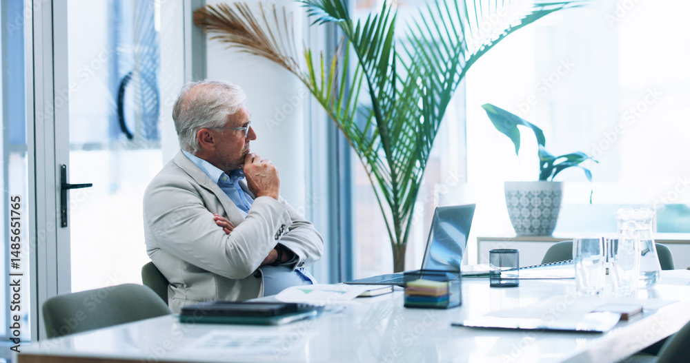 Poster business, laptop and problem solving with mature man in office for corporate administration or solut