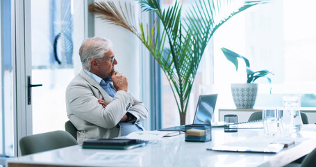 Business, laptop and problem solving with mature man in office for corporate administration or...