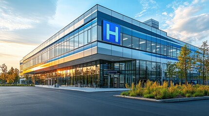 Obraz premium Modern hospital building at sunset. Sleek design, glass facade, and a blue 'H' sign.