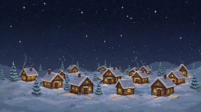 Winter village pixel art landscape with cozy cabins under starry night sky
