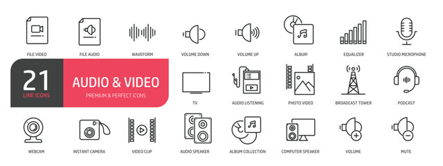 Set of line icons related to equalizer, studio microphone, audio listening, instant camera. Outline icons collection. Editable stroke. Vector illustration stock illustration