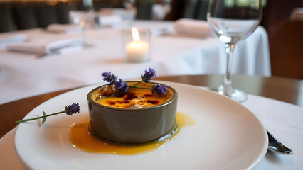 Michelin Style Lavender Creme Brulee on Elegant Plate in Sophisticated Restaurant Setting