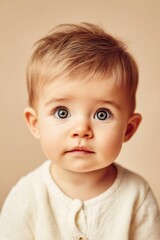 Naklejka premium An adorable baby gazes directly at the camera, showcasing beautiful, expressive eyes and soft features. The portrait is intimate and heartwarming.