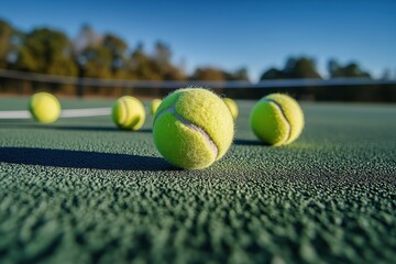 Bright Yellow Tennis Balls on Court with Blue Sky in Background
