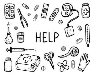 Set medical help. Hand drawn doodle illustration. First aid kit, adhesive plaster, bandage, thermometer, injection, pills. Pressure measurement. Tweezers scissors. Vector line art collection elements.