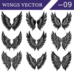 Stylized Vector Art of Black Wings – Gothic Feather Angel and Demon Silhouettes for Tattoos, Halloween Design, and Fantasy Poster Illustration in EPS and SVG Format.