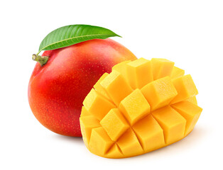Ripe mango with slice isolated on white background. (Photo image with retouching process)