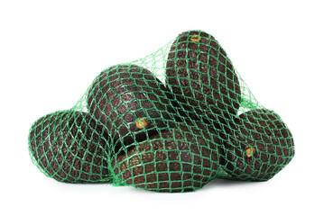 Ripe avocado fruits in net bag isolated on white