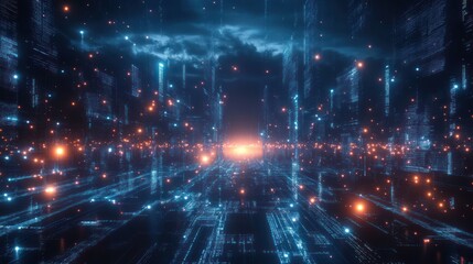 Fototapeta premium Futuristic glowing digital cityscape with blue and orange lights and a central bright horizon under a cloudy sky at dusk