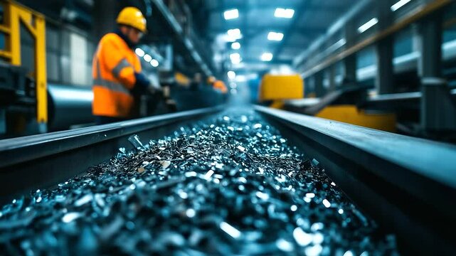 A dramatic image of a recycling plant&rsquo;s conveyor belt with metal shavings and old car parts moving along it, workers in the background overseeing the processing of scrap into new m