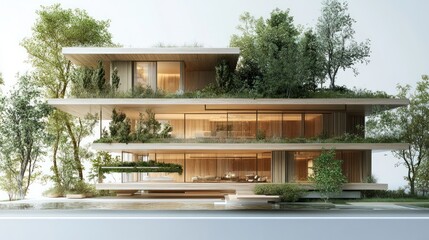 Modern eco-friendly house, lush greenery, serene, architectural, exterior