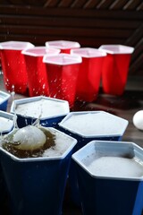 Plastic cups with drinks and balls on table, closeup. Beer pong game