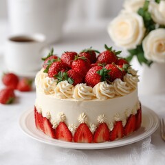 A cake decorated with strawberries and buttercream, on a white plate, white atmosphere 