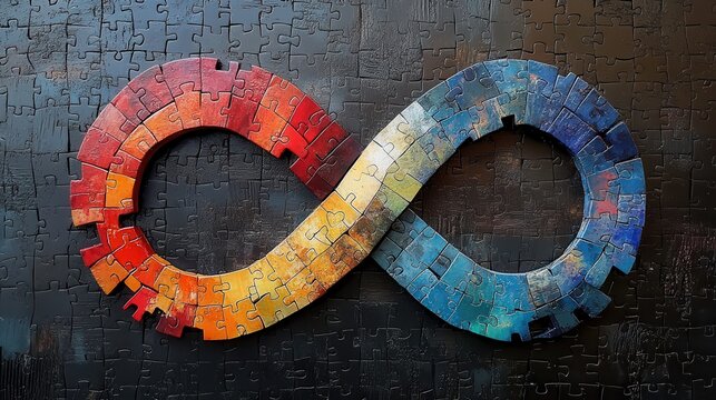 Colorful puzzle pieces form an infinity symbol against a dark background. A captivating image representing endless possibilities.