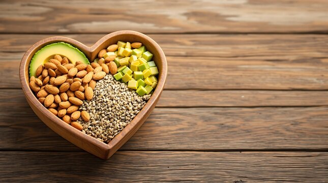 Heart-shaped bowl filled with healthy ingredients on rustic wooden background
