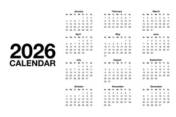 Simple calendar for 2026 starts on Sunday