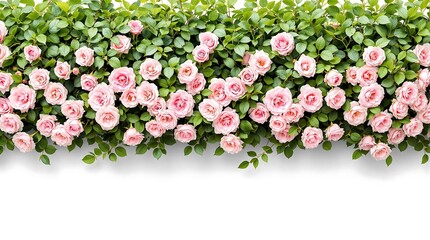 Fototapeta premium Lush arrangement of pink roses blooming with vibrant green foliage and white background