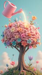whimsical tree with brain shaped trunk is being watered by pink watering can, surrounded by colorful flowers and bright blue sky