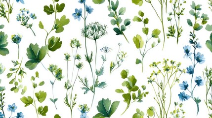 Elegant Watercolor Botanical Seamless Pattern: Blue and Green Floral Design