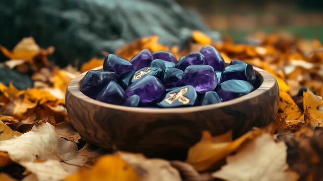 A handcrafted wooden bowl filled with gleaming amethyst rune stones, nestled among fallen golden leaves, evoking a deep connection to nature and mystical foresight.