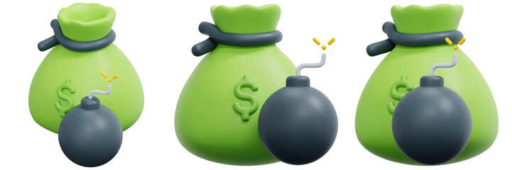 Set of Green Money Bags with Time Bombs 3d Render Icon Illustration