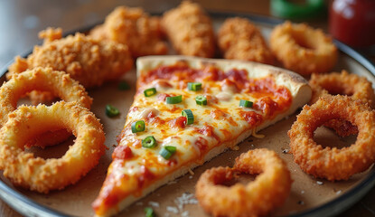 Delicious Pizza, Onion Rings, and Chicken Tenders Ready to Eat