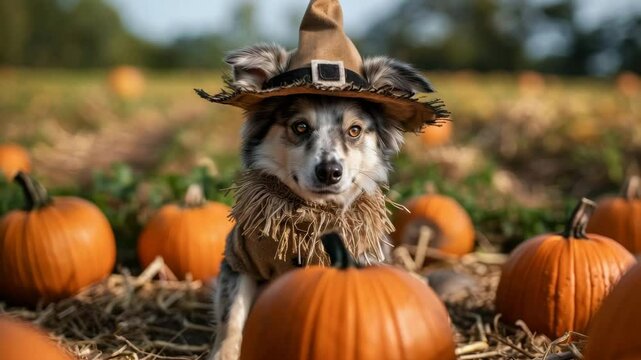 A cute dog dressed as a scarecrow sits among pumpkins in a sunny outdoor pumpkin patch.