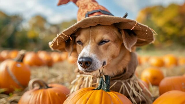 A dog dressed as a scarecrow with a hat sits among pumpkins in a field on a sunny autumn day.