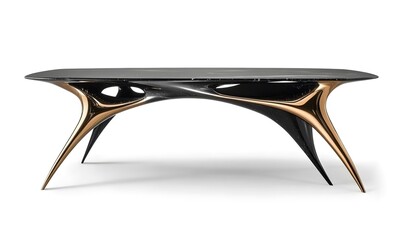 Black glass gold decorated rectangular dining designer table. Interior design concept. Isolated object on white background.