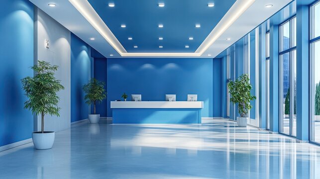 Modern office reception area with a bright blue color scheme and sleek design.