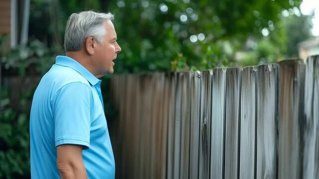 A homeowner frustratedly examining their deteriorating wooden fence, contemplating the decision between repair or replacement.