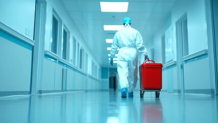 A hospital corridor bathed in cool fluorescent light, as a masked surgeon walks purposefully with a red organ transport cooler, signifying the delicate nature of transplantation.