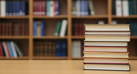 Stack of books representing knowledge and learning with bookshelf background