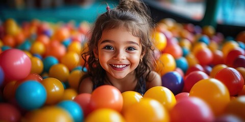 Fototapeta premium Smiling young girl playing happily in a colorful ball pit filled with orange, yellow, blue, and red balls