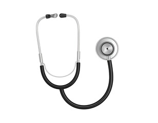 A silver medical stethoscope with black tubing, ready for use