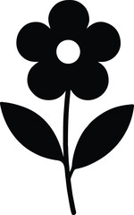 Minimal black floral silhouette featuring a five petal flower with stem and two bold leaves
